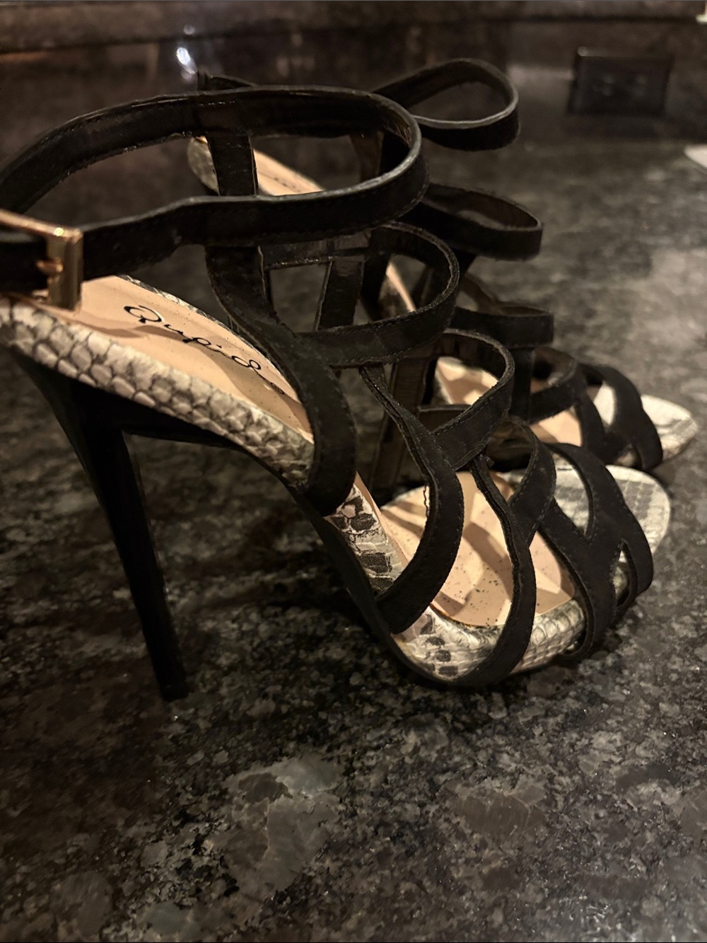 Qupid Black Strappy Stiletto Heels with Snakeskin Accent